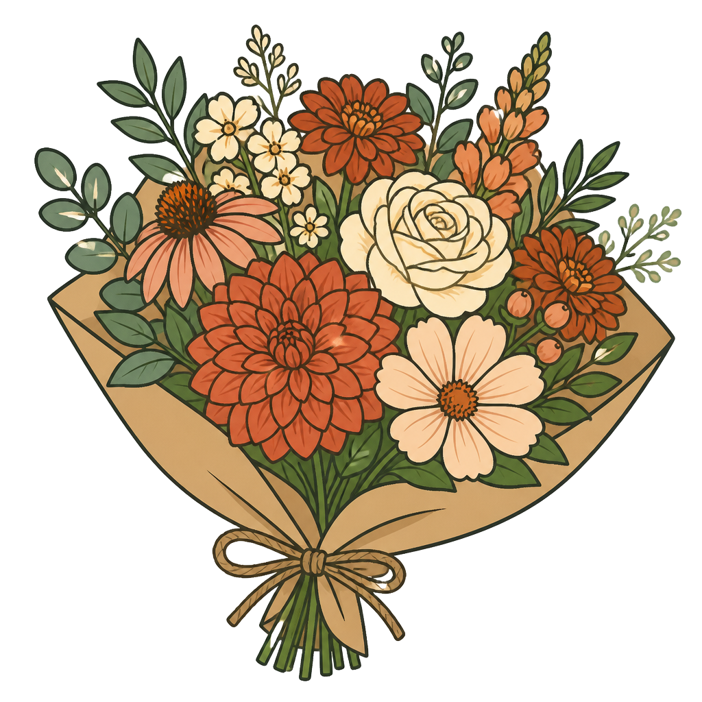 Hand-tied bouquet of fresh seasonal flowers wrapped in kraft paper