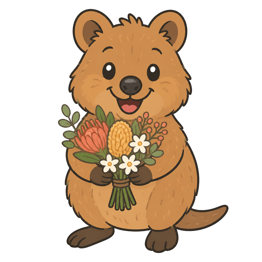 Warm Wishes quokka mascot holding a bouquet of fresh flowers
